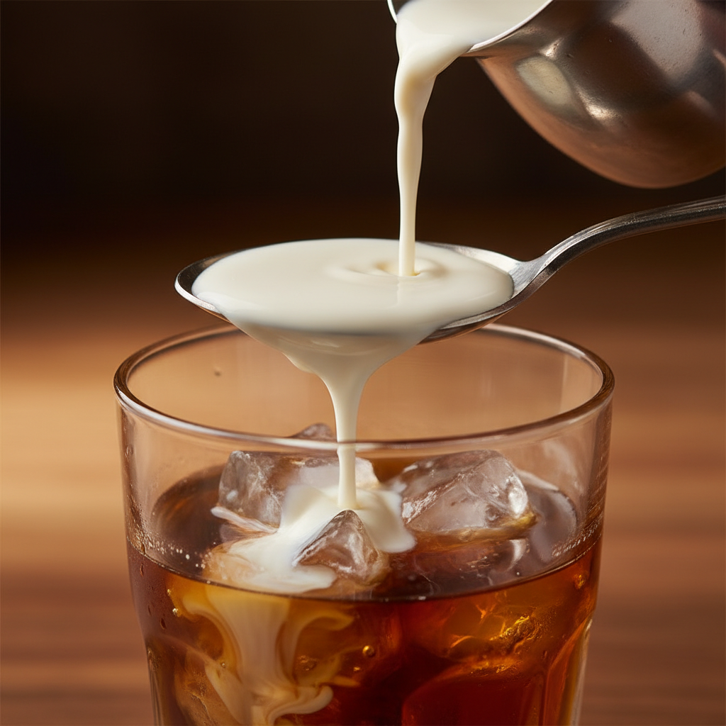 Pouring cream over the back of a spoon into the glass