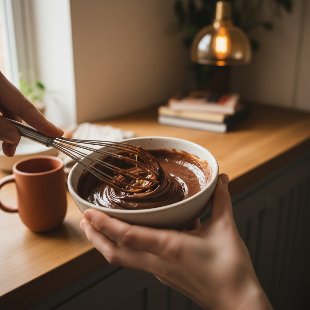 Mixing hazelnut syrup, honey and cocoa powder in a bowl