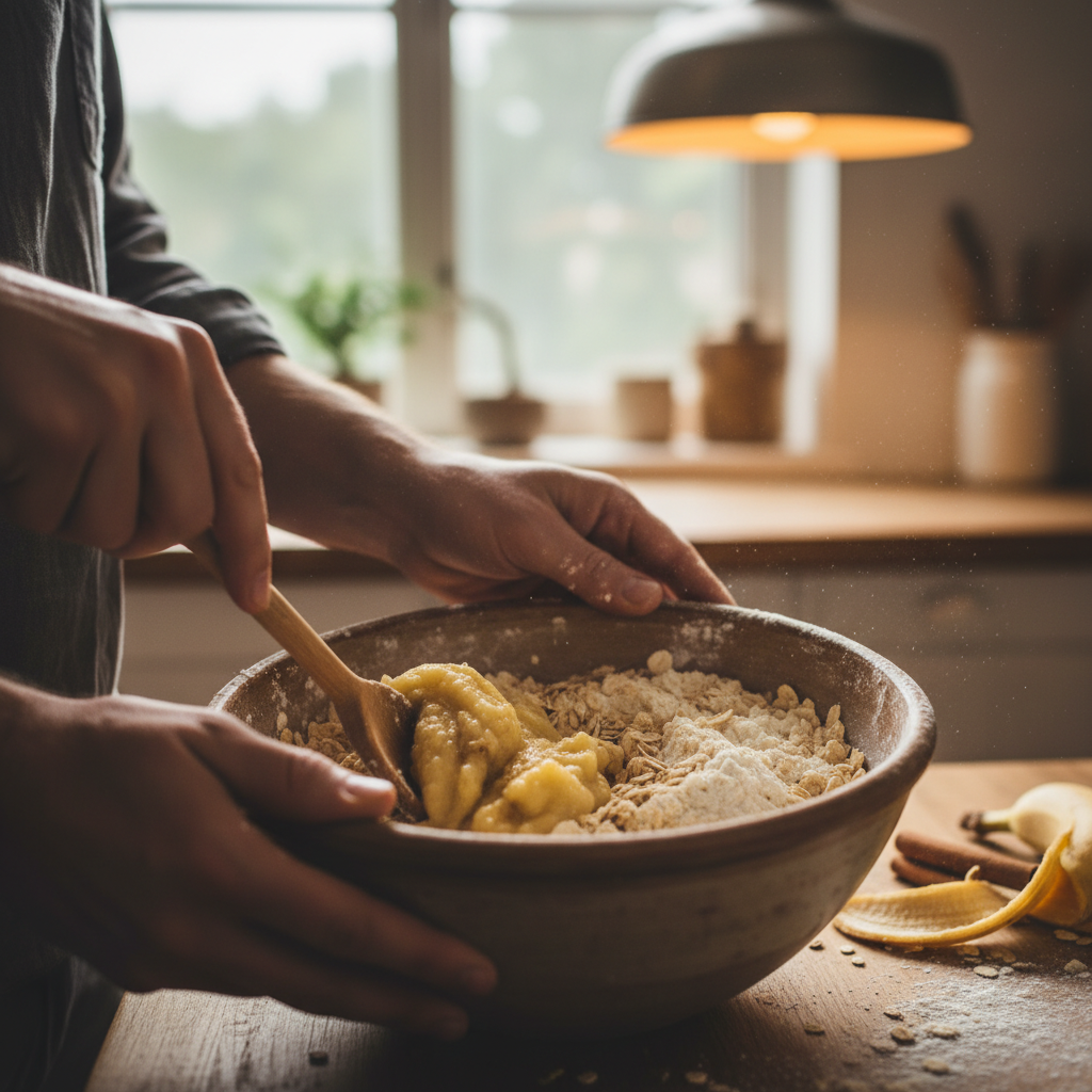 Mixing banana oatmeal muffin batter