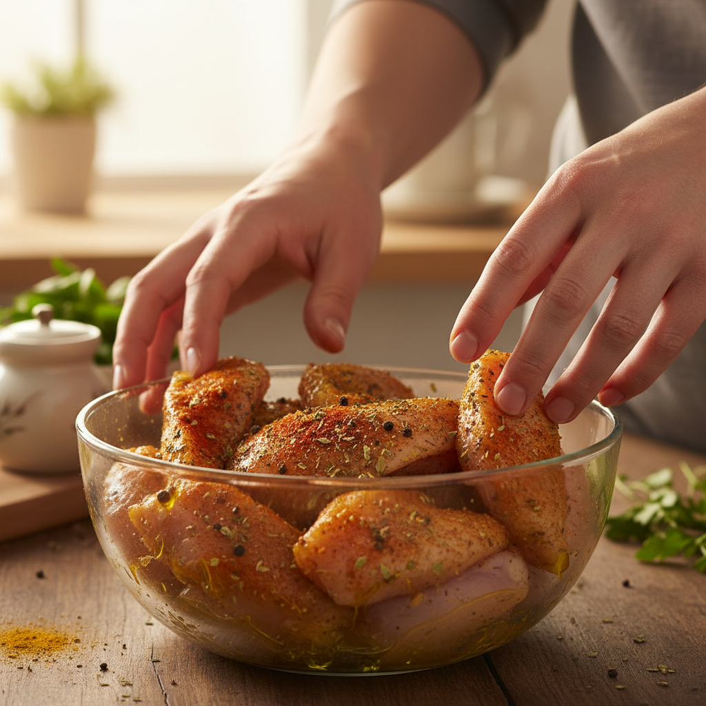 Cutting and seasoning chicken strips for Sticky Chicken Bowls