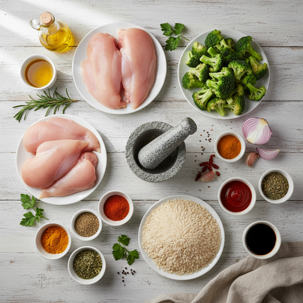 Ingredients for Sticky Chicken Bowls laid out