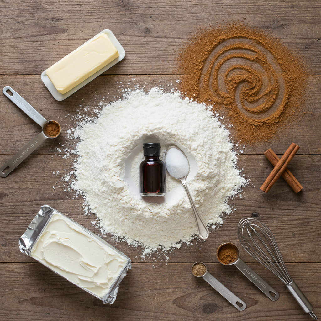 Ingredients for red velvet cinnamon rolls including flour, sugar, butter, and food coloring