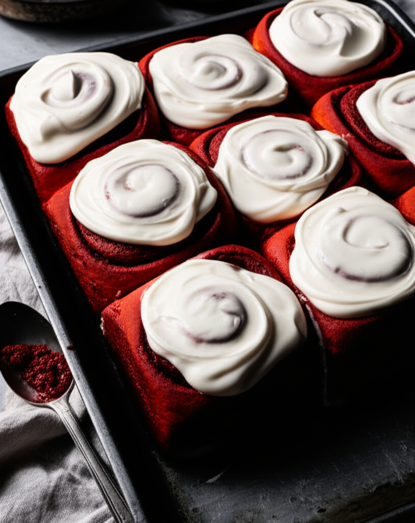 Freshly baked Heavenly Red Velvet Cinnamon Rolls on a tray