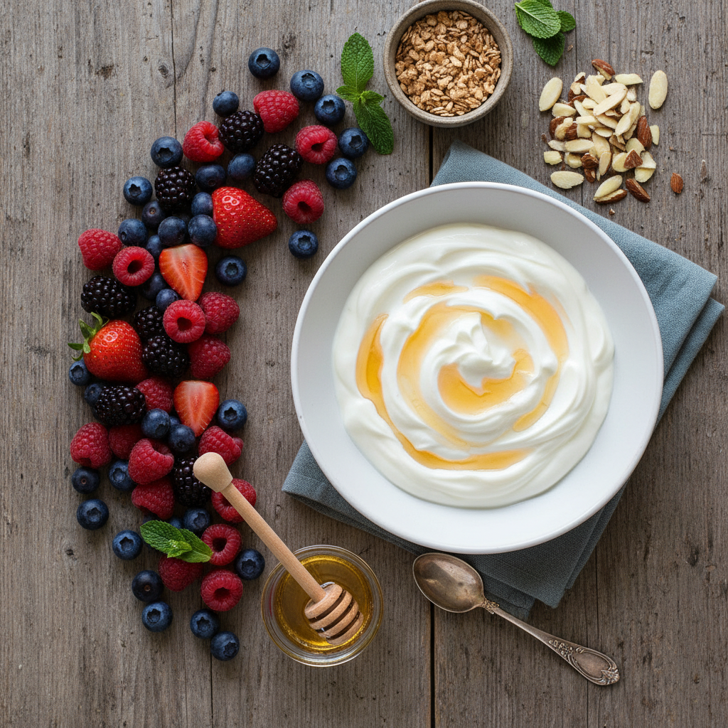 Greek yogurt parfait with berries and almonds