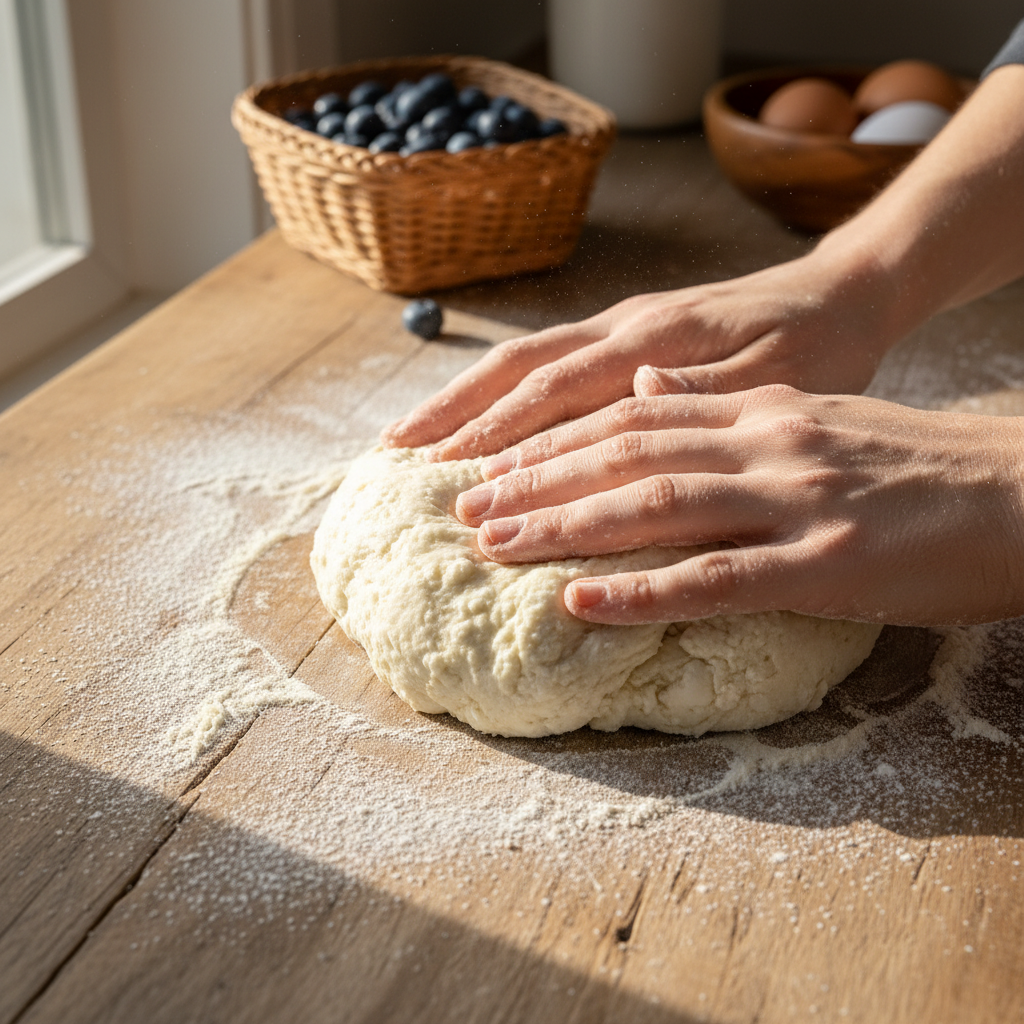 Kneading dough on a floured surface