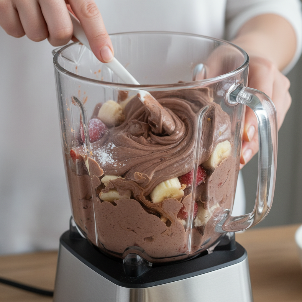 Blended Chocolate Covered Strawberry Shake in blender
