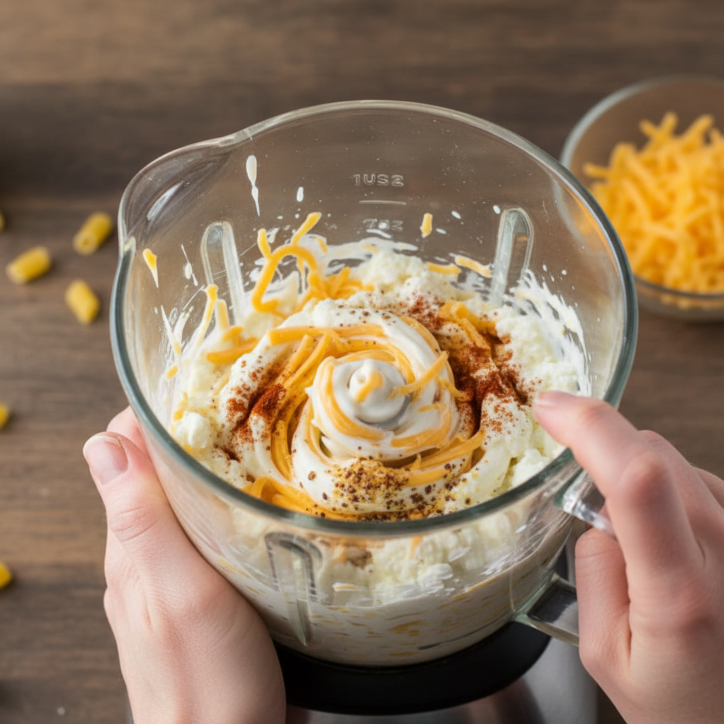 Blending cheese sauce ingredients in blender for macaroni and cheese