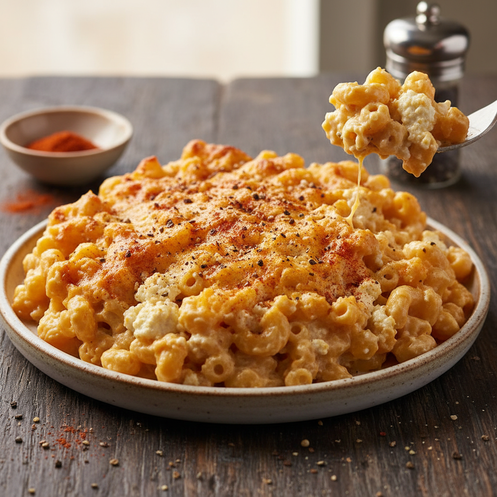 Macaroni and cheese served with green salad and toppings