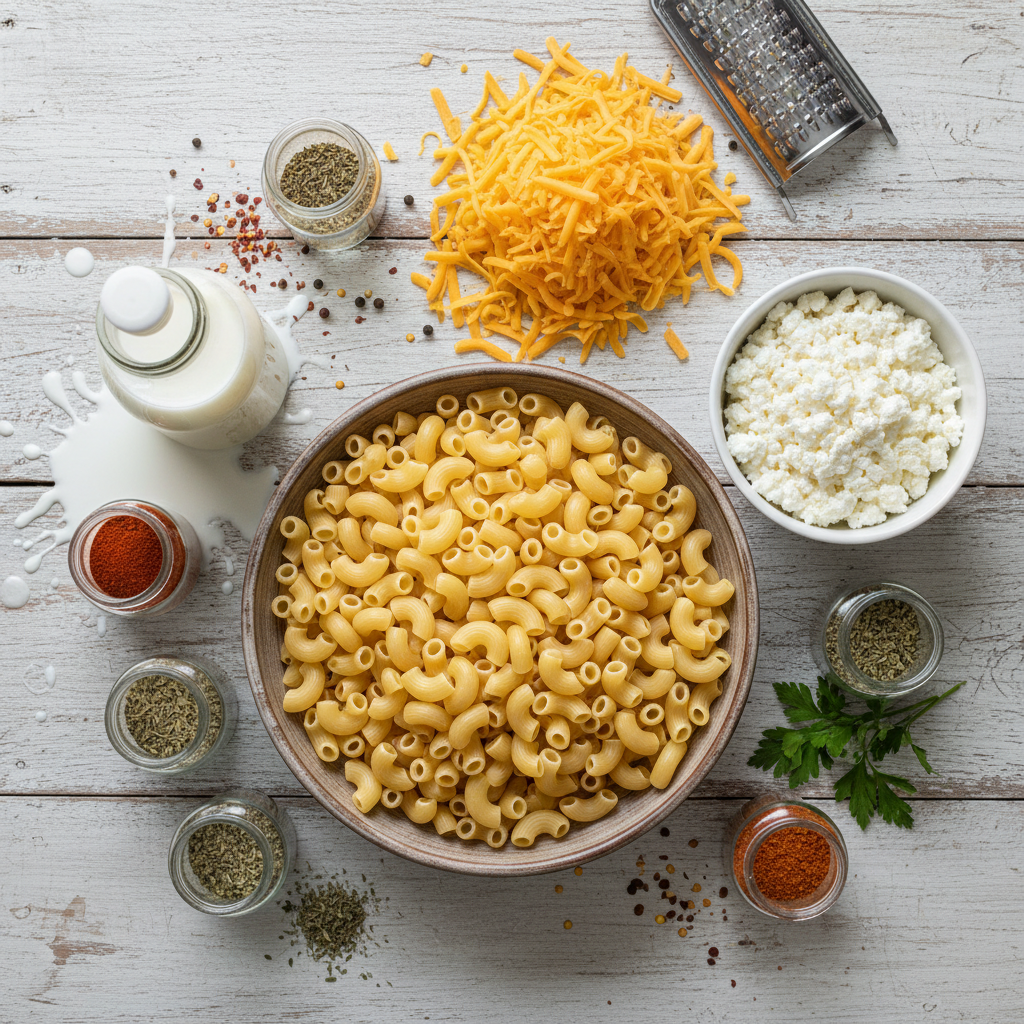 Ingredients for macaroni and cheese with cottage cheese measured out