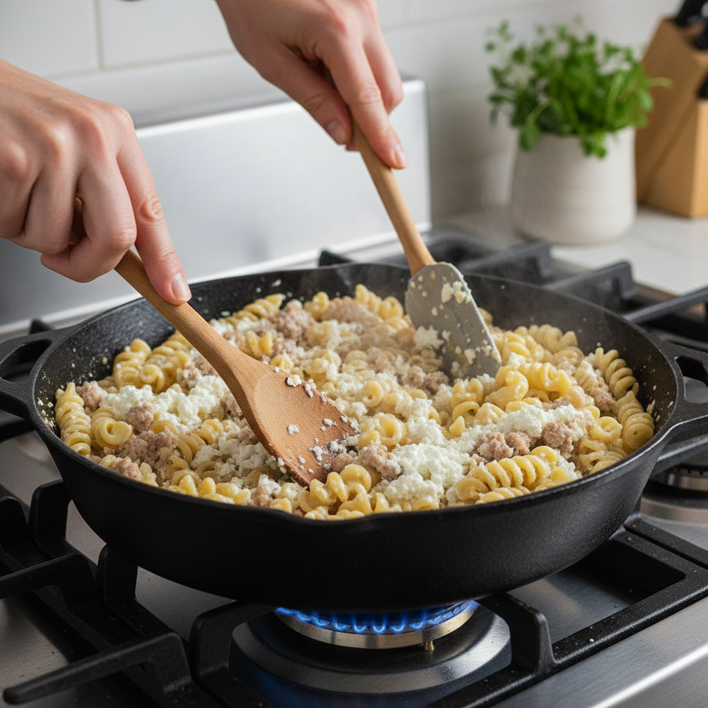 Browning turkey sausage in skillet