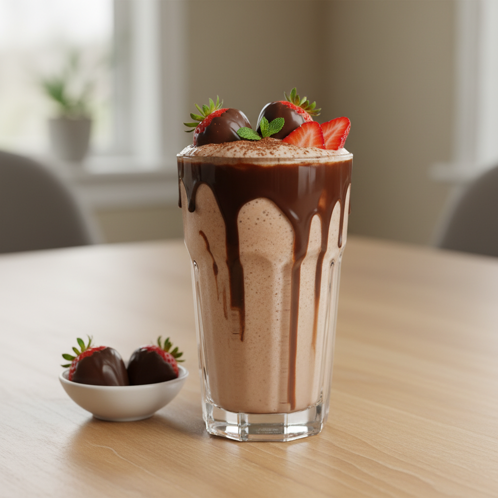 Finished Chocolate Covered Strawberry Protein Shake with toppings