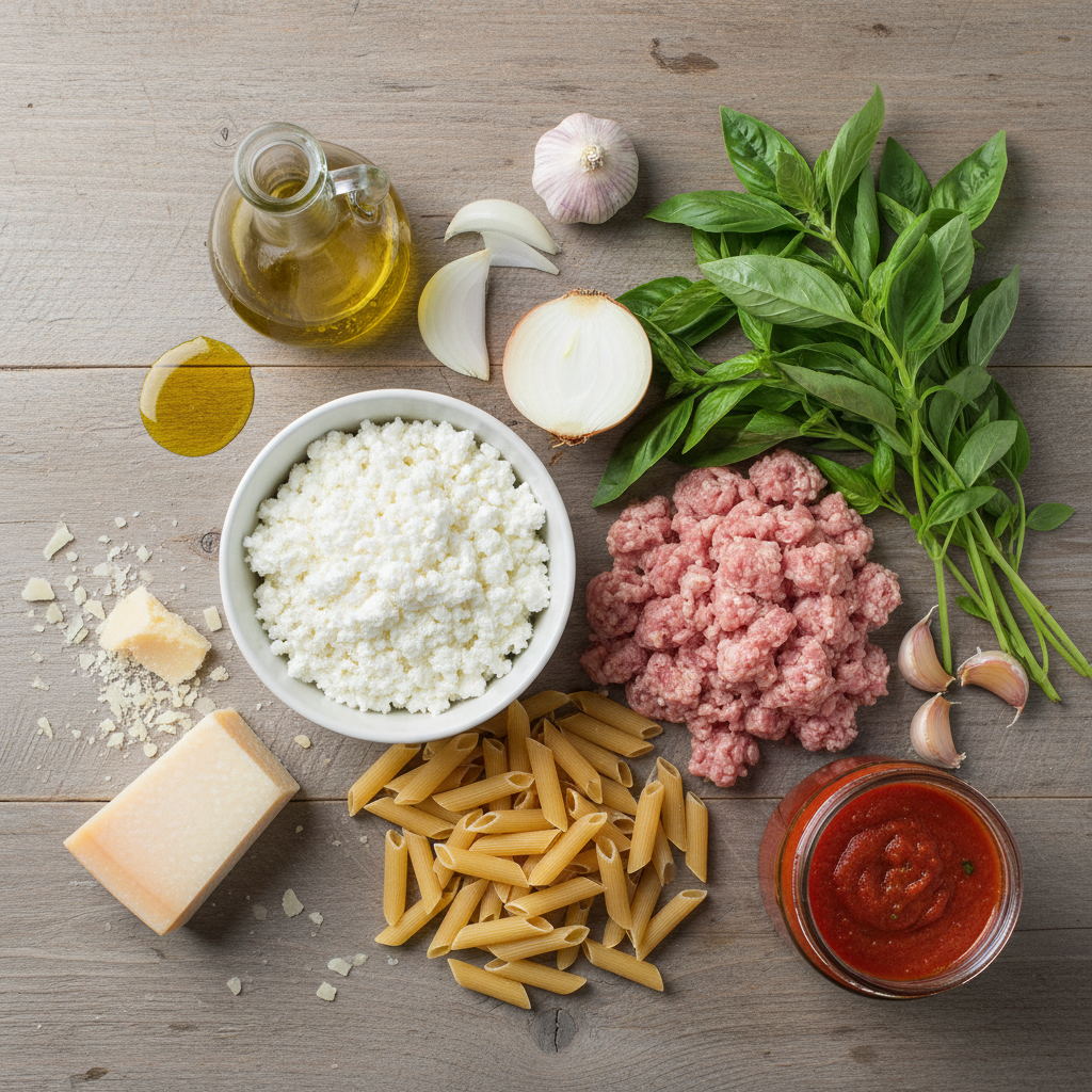 Ingredients for high-protein cottage cheese pasta sauce