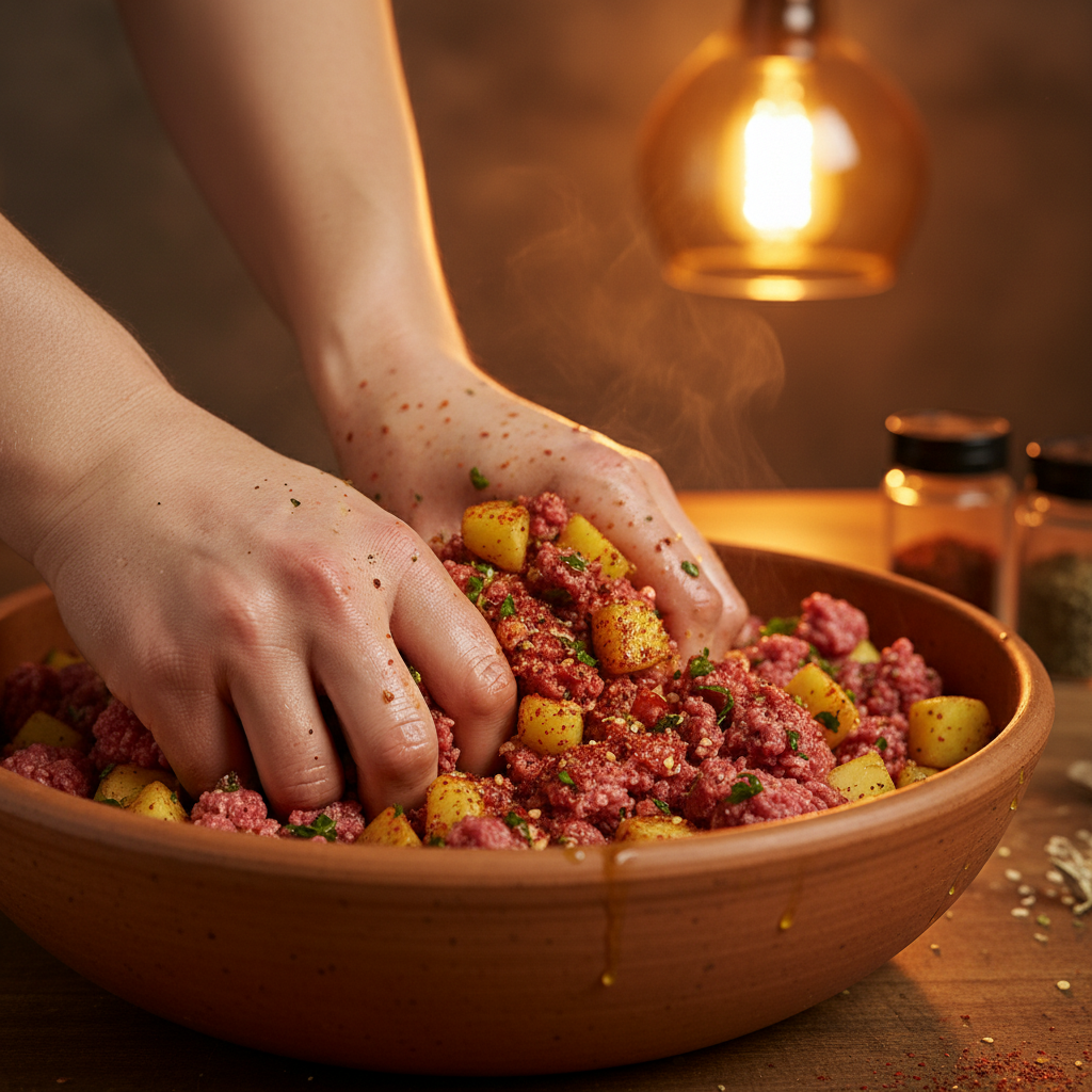 Cooking ground beef and onions in skillet