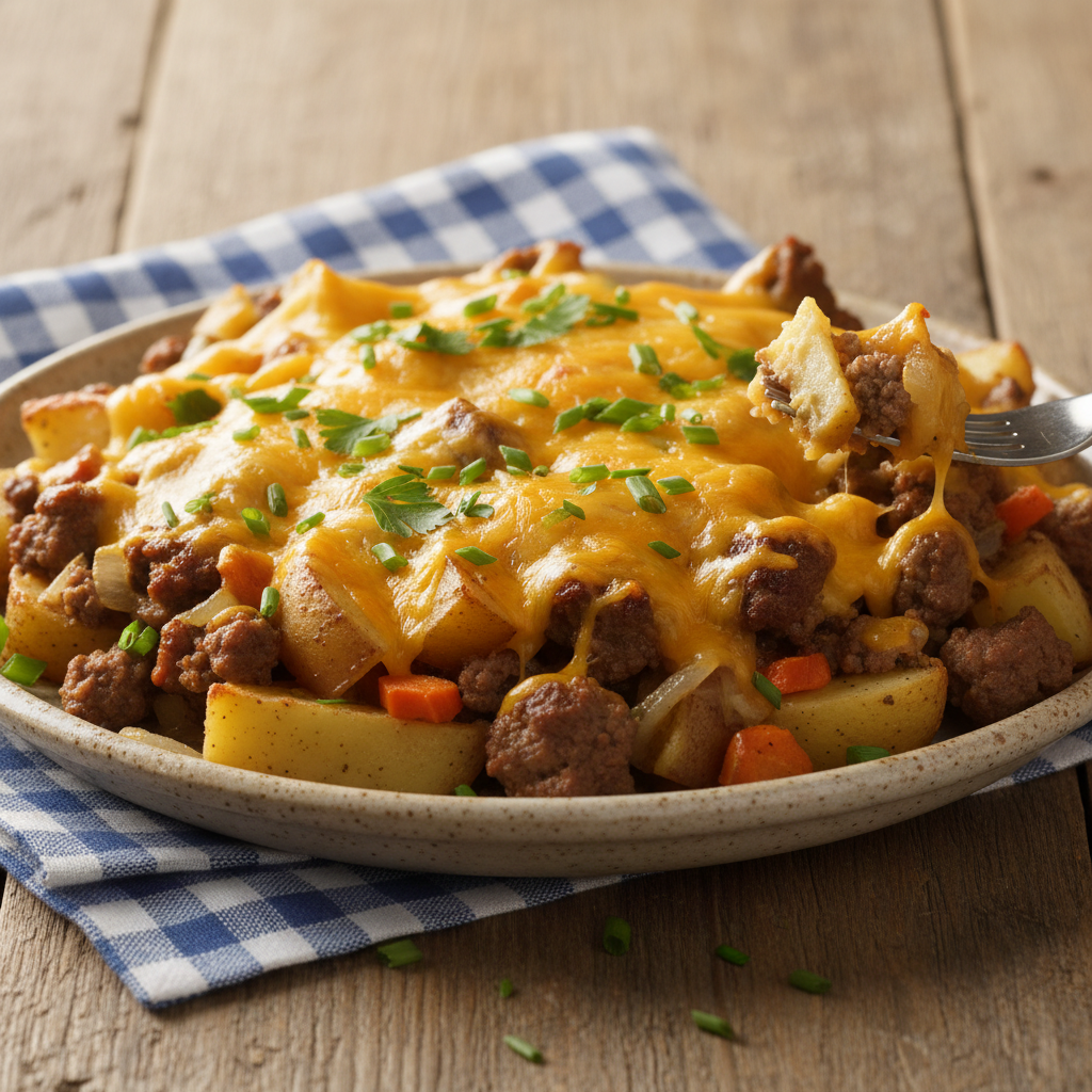 Serving warm and cheese-topped Hobo Casserole