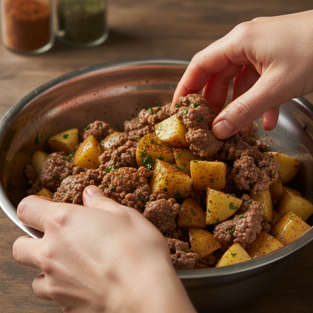 Ground beef and onion cooking in skillet