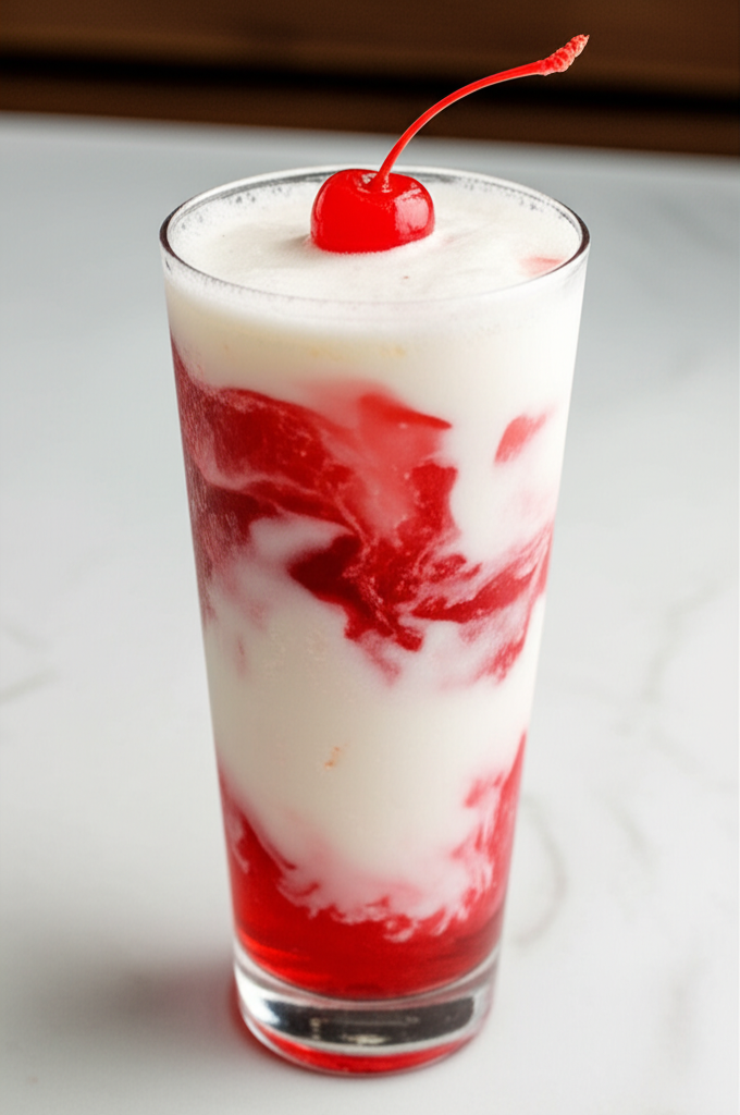 Cherry Avalanche Dirty Soda drink in a glass with cherry decoration