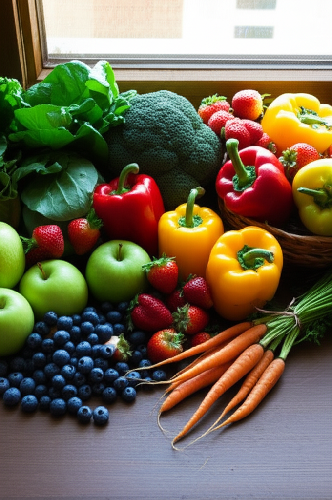 Colorful assortment of vitamins and healthy foods