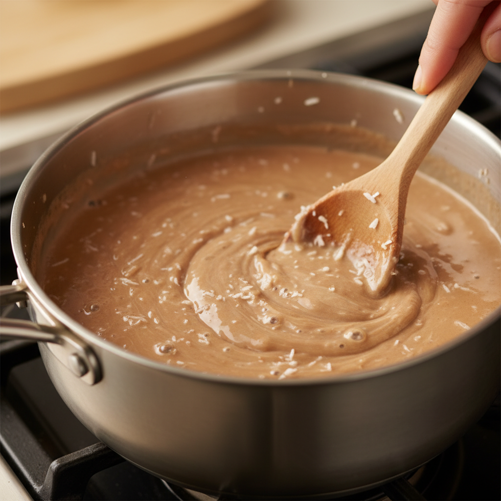 Heating Almond Joy Coffee Creamer ingredients on the stove