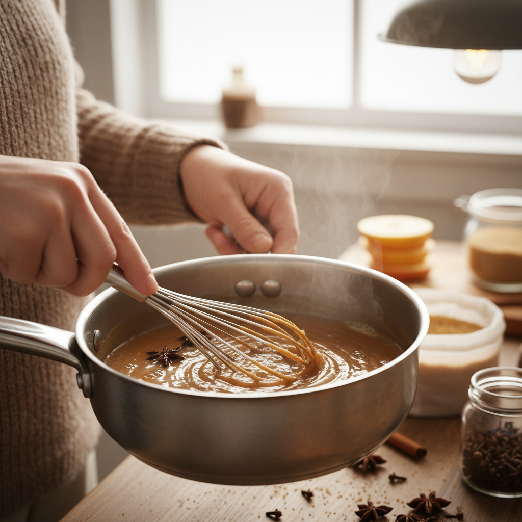 Mixing apple cider and spices in saucepan