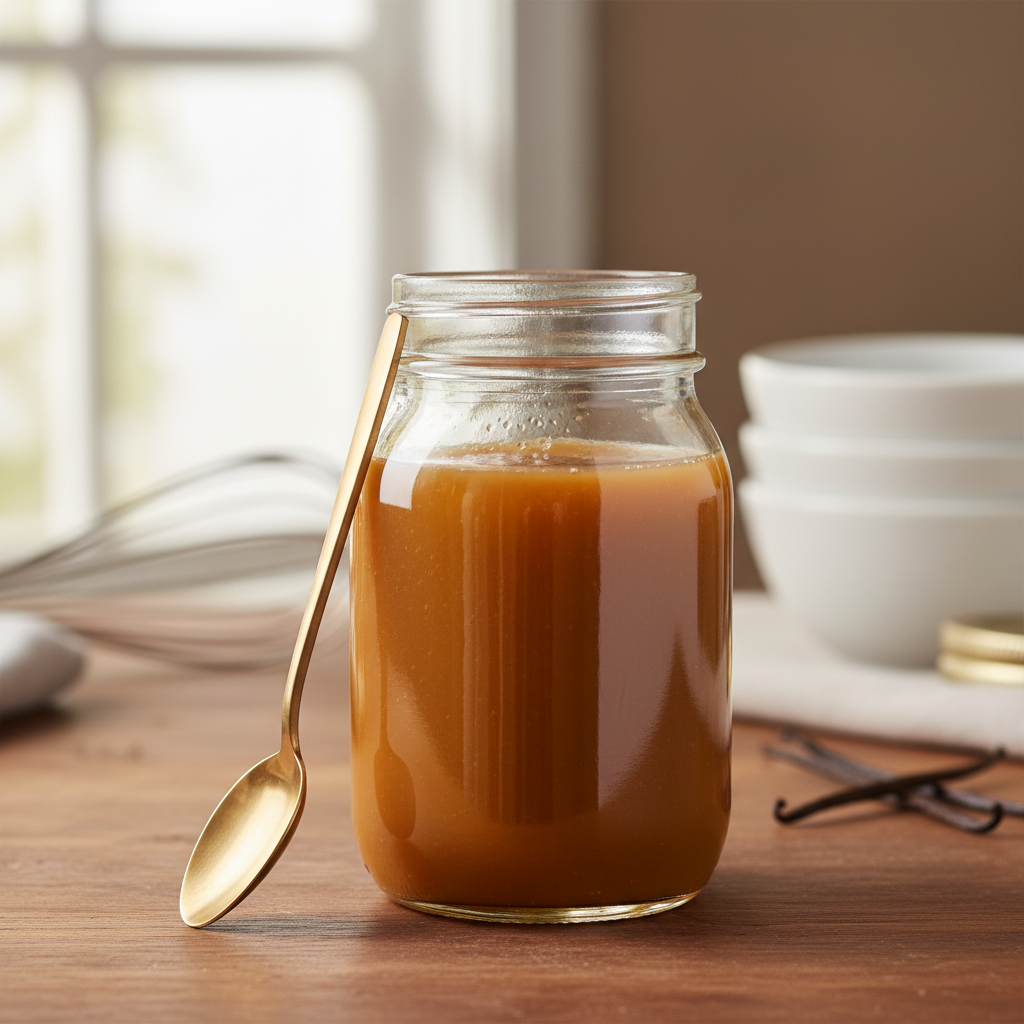 Jar of homemade caramel syrup ready to use
