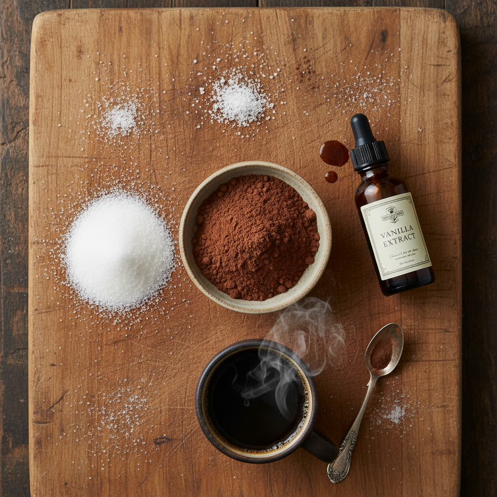 Ingredients for chocolate coffee syrup: cocoa powder, sugar, coffee, vanilla, and salt