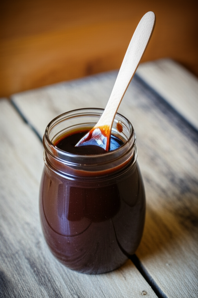 Chocolate coffee syrup in a jar with coffee beans