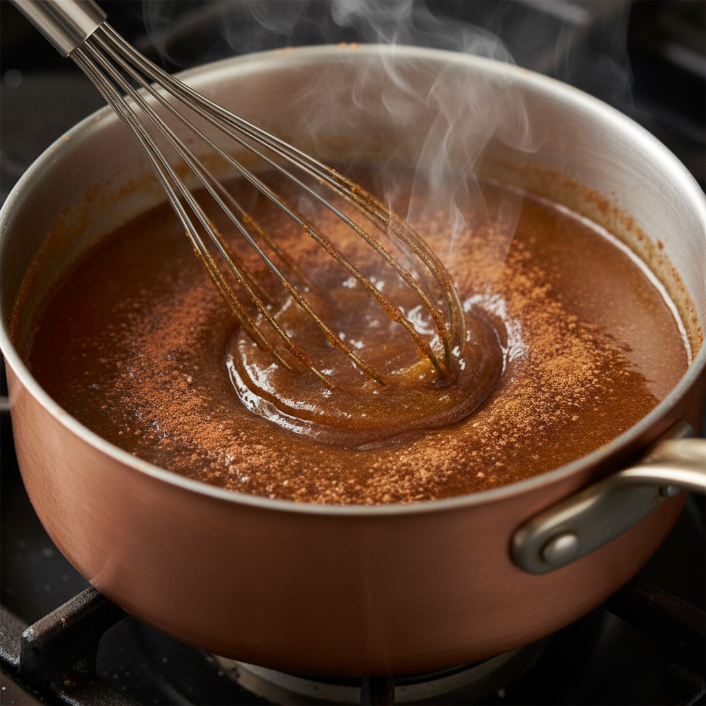 Simmering cinnamon coffee syrup in pot