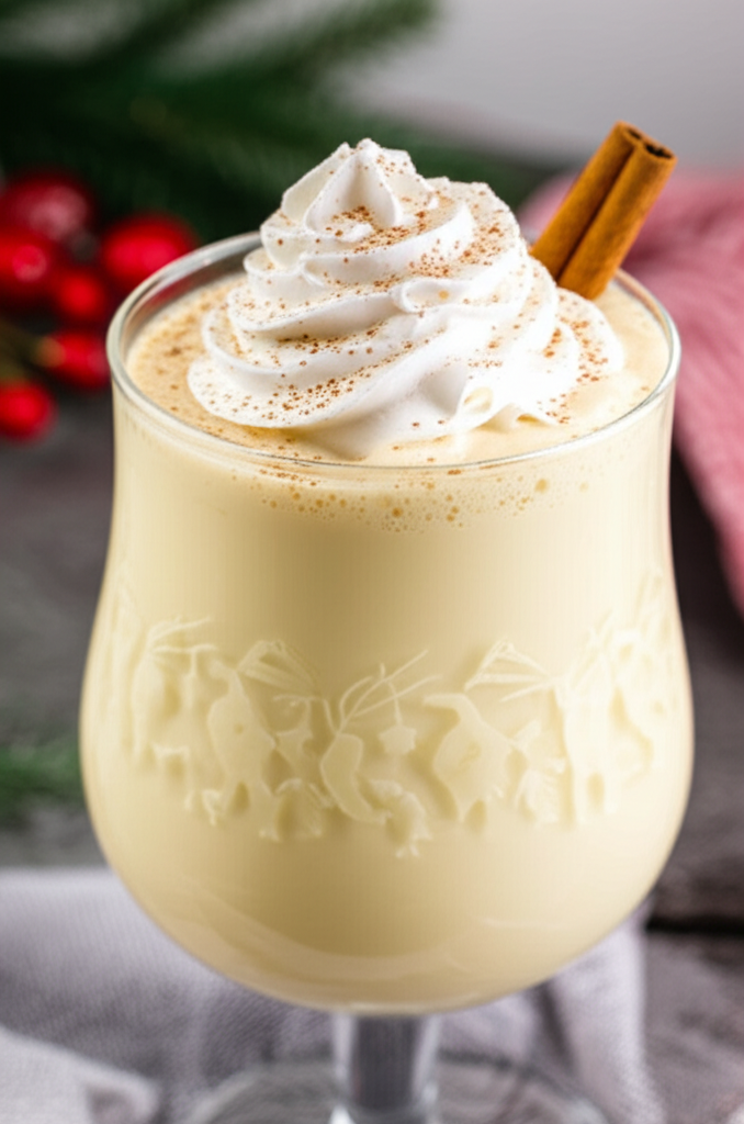 Cozy glass of spiced eggnog by the fire