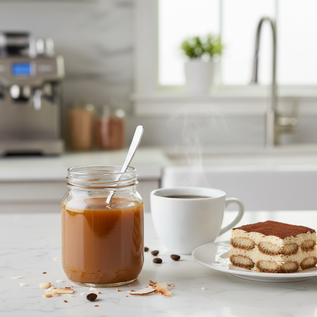 Cooled Coconut Coffee Syrup stored in jar