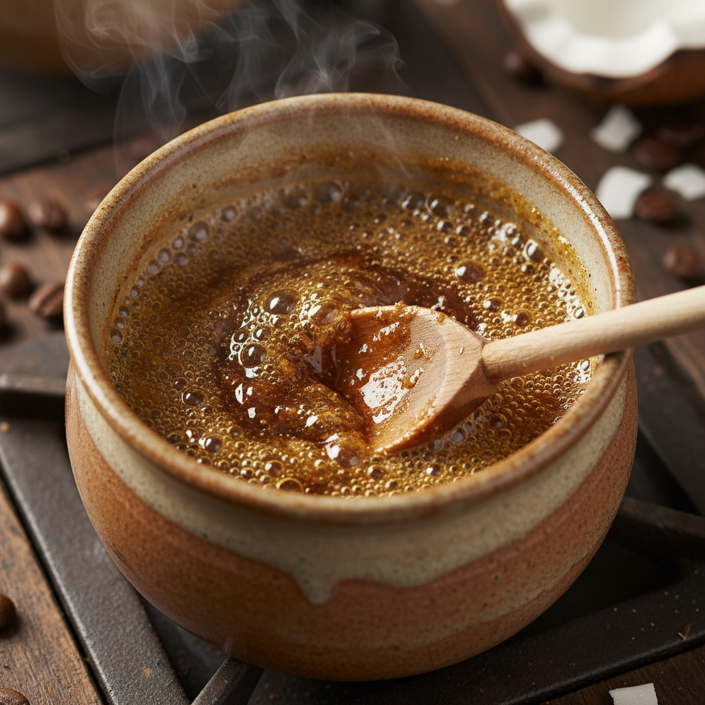 Simmering and stirring Coconut Coffee Syrup