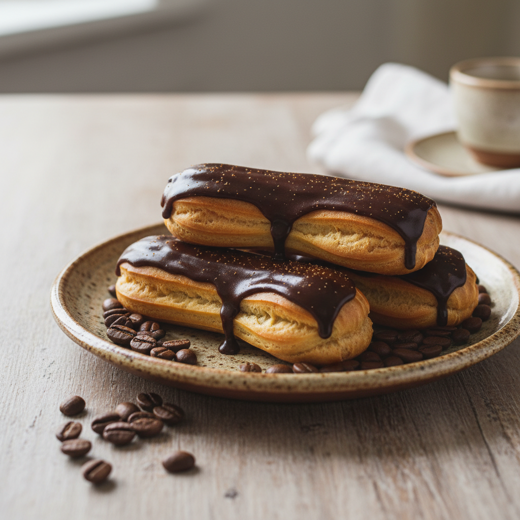 Close up of coffee éclairs with glaze