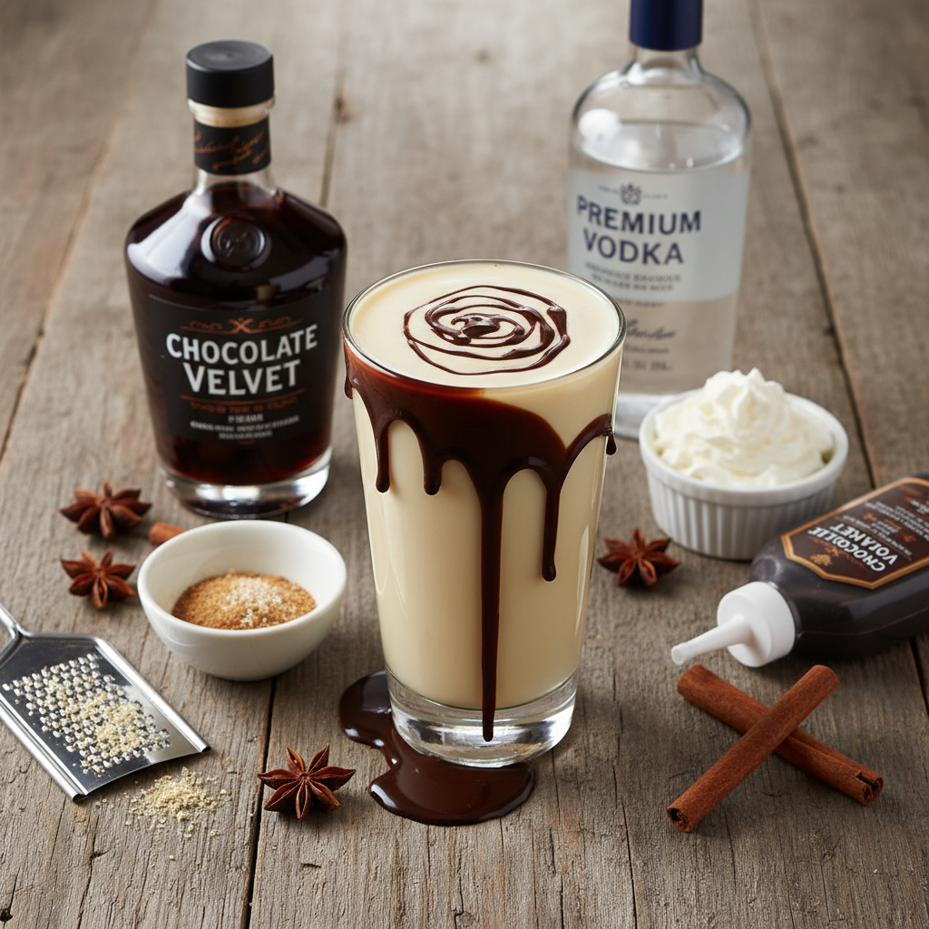 Ingredients and equipment for Chocolate Eggnog Martini