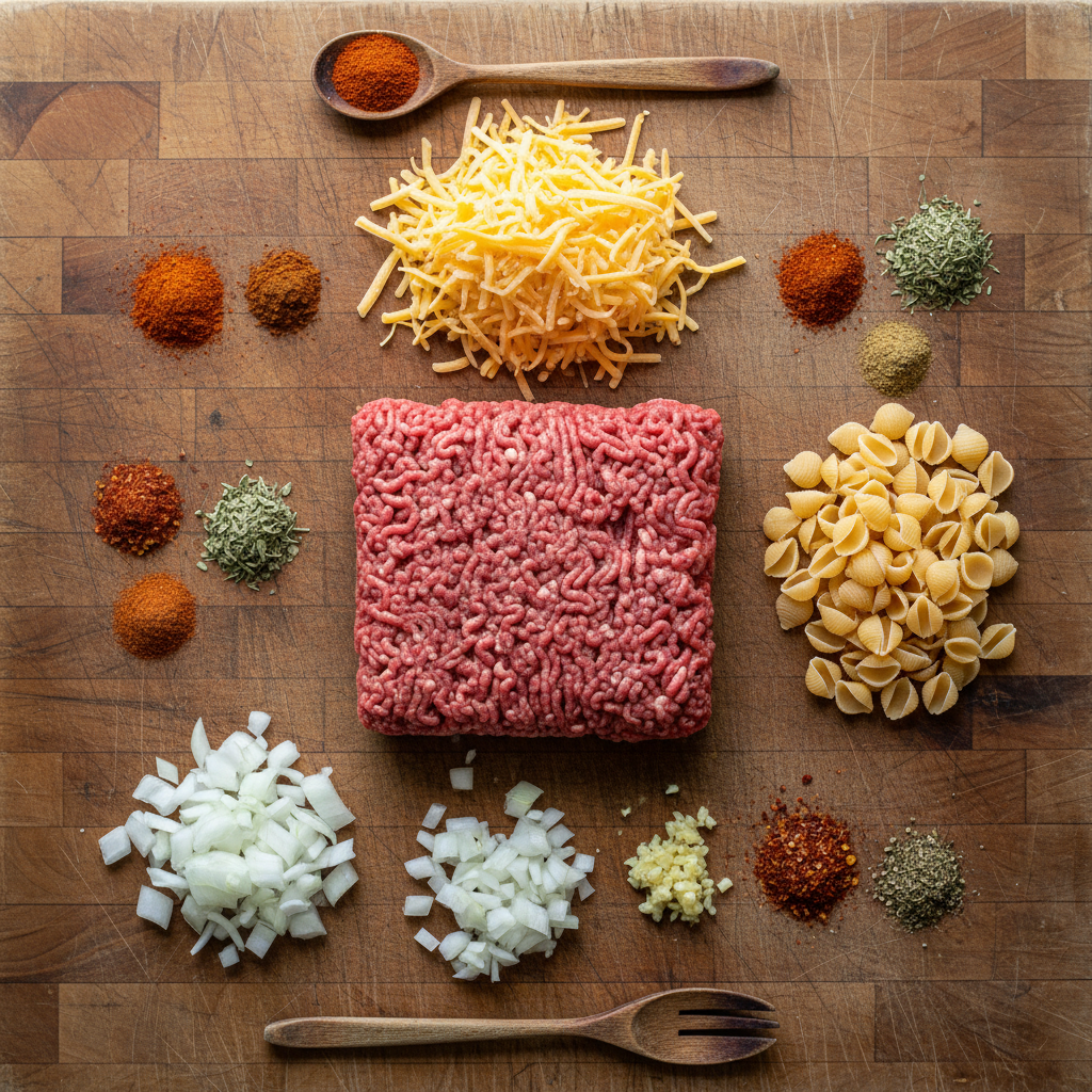 Ingredients for Homemade Hamburger Helper laid out