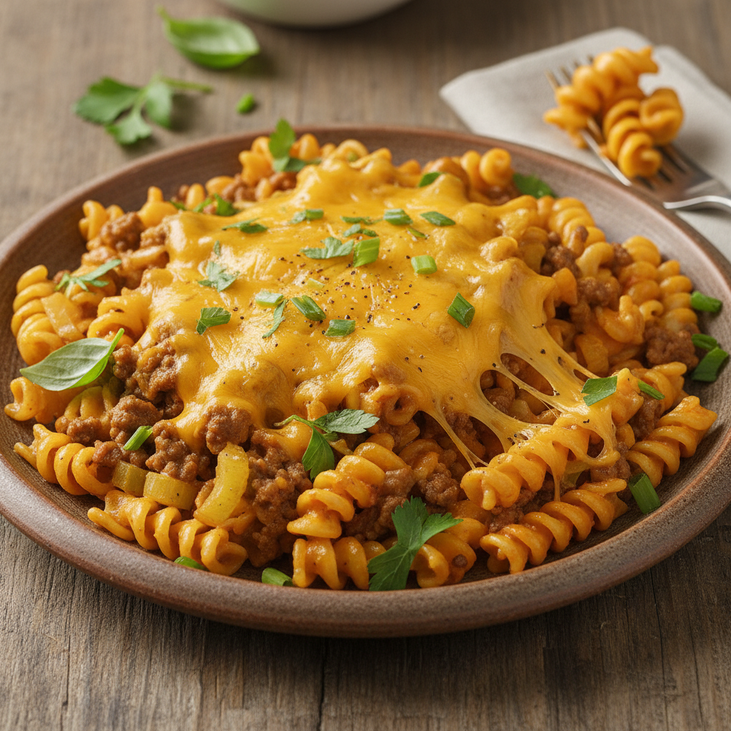 Stored leftover homemade hamburger helper in container