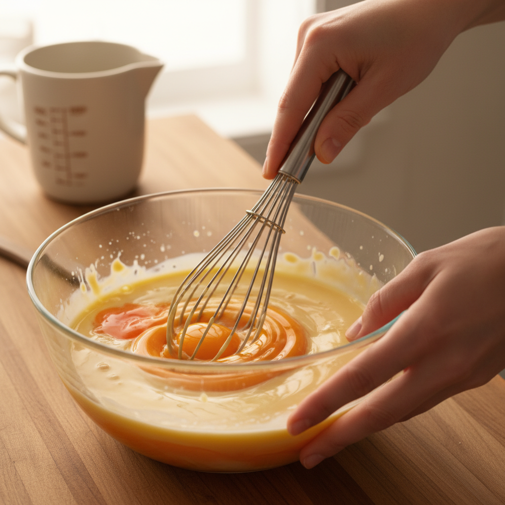 Whisking and tempering the egg yolks with warm milk mixture
