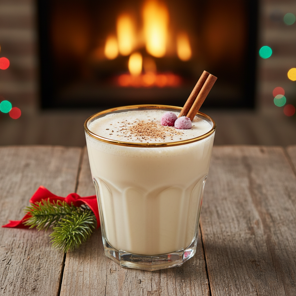 Maple Bourbon Eggnog served in festive holiday glasses with nutmeg and cinnamon stick garnish