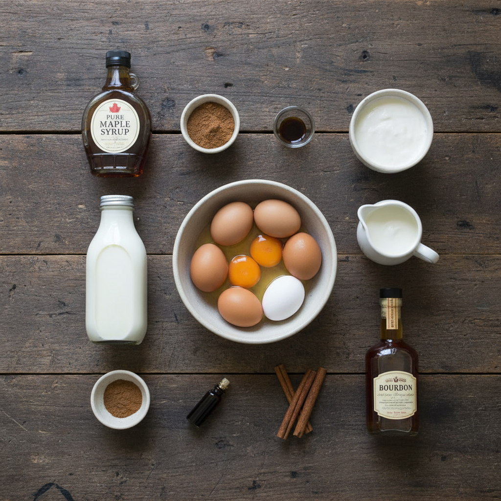 Ingredients laid out for making maple bourbon eggnog