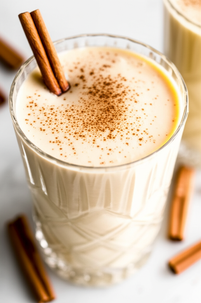 Festive warm cup of eggnog with holiday decorations