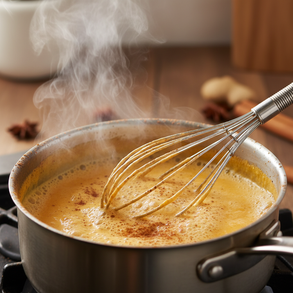 Warming milk and spices in a pot for pumpkin spice eggnog