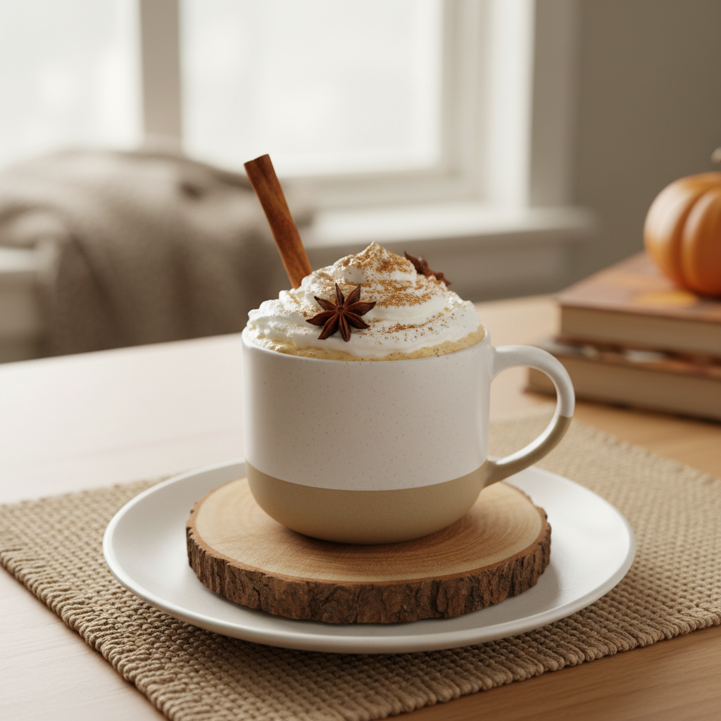Served pumpkin spice eggnog with cinnamon stick and whipped cream