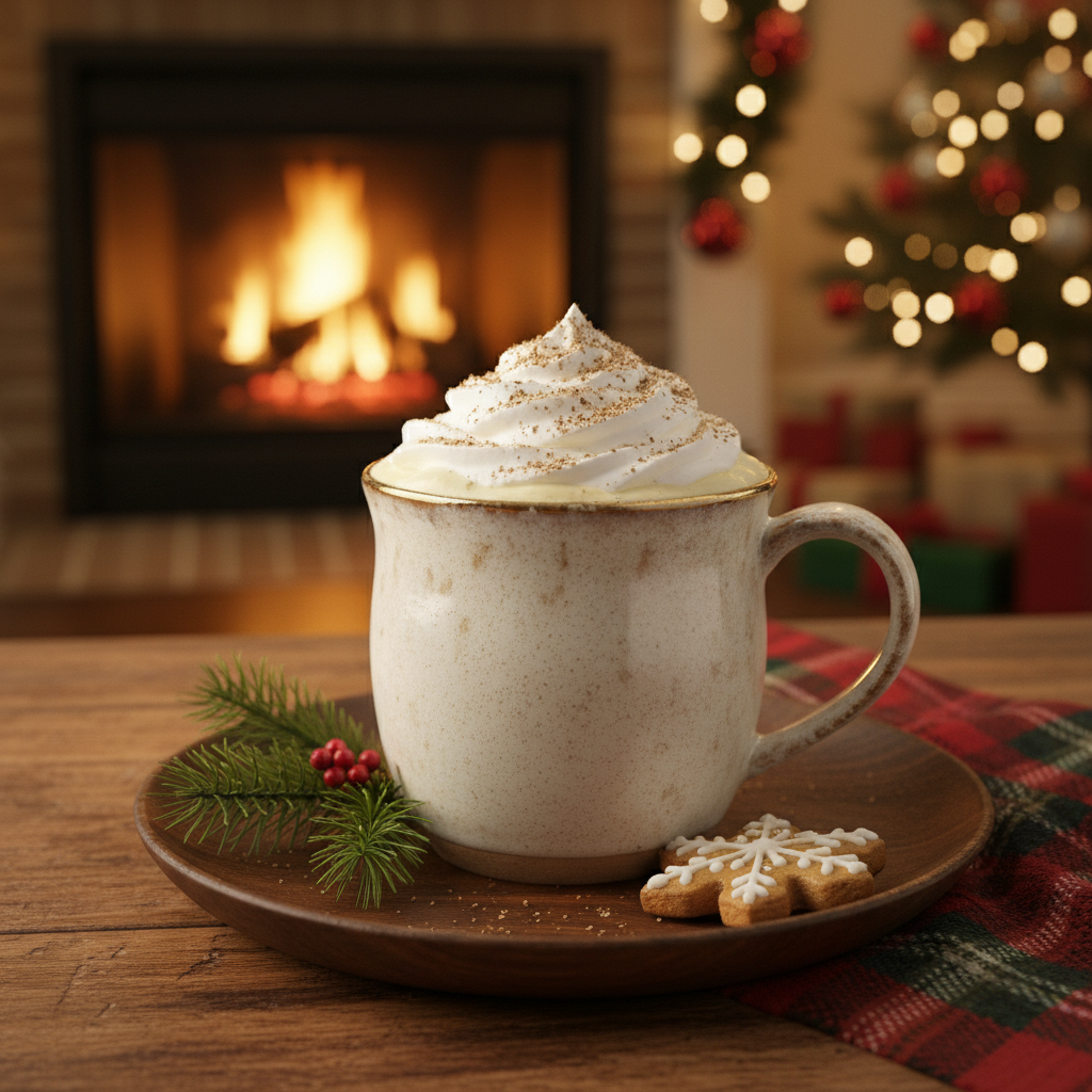 Vanilla Bourbon Eggnog ready to serve with whipped cream and nutmeg