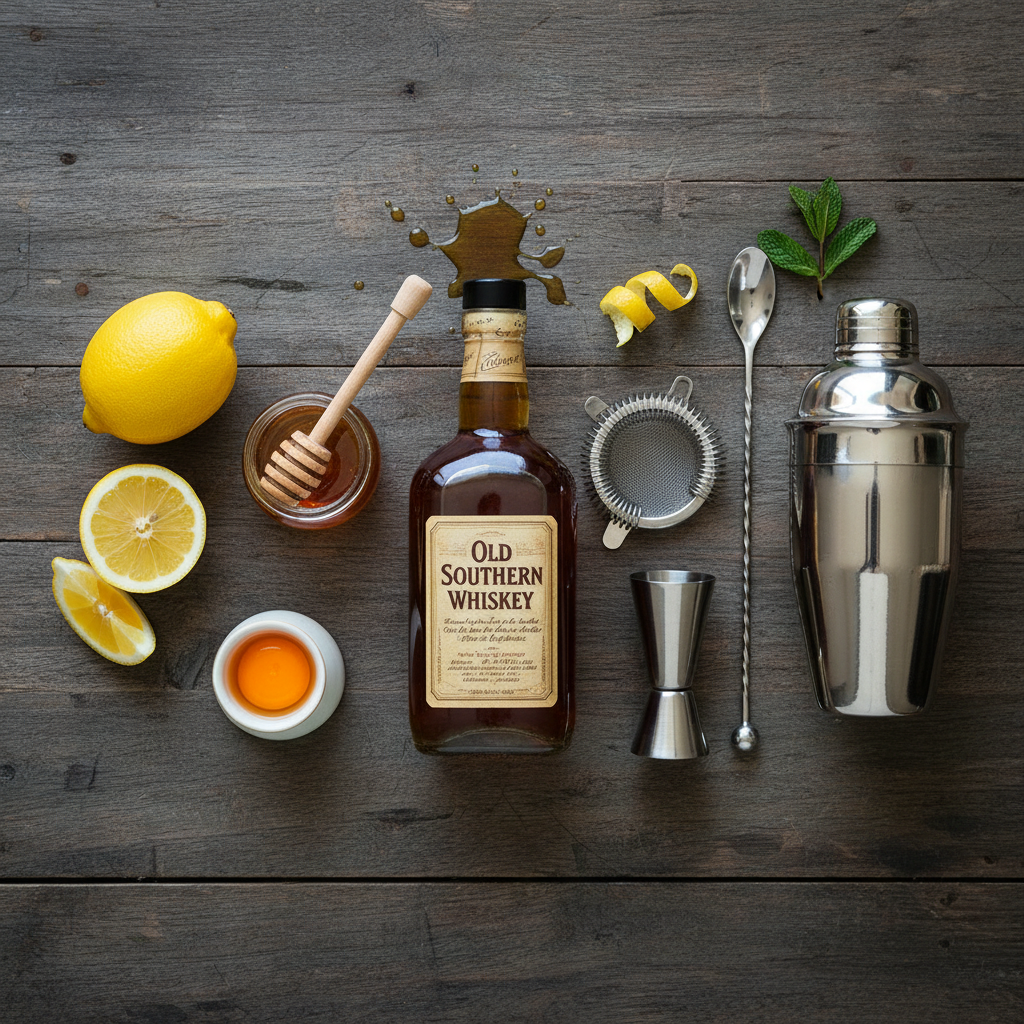 Ingredients for Honey Bunny Bourbon Sour on table