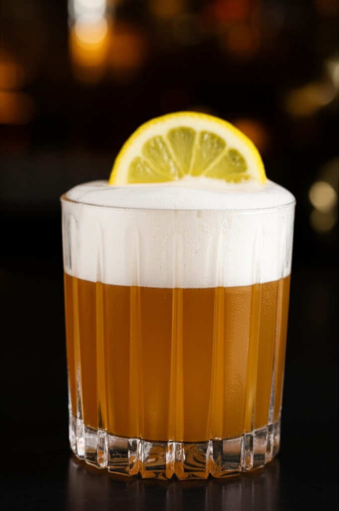 Glass of Honey Bunny Bourbon Sour cocktail with ingredients