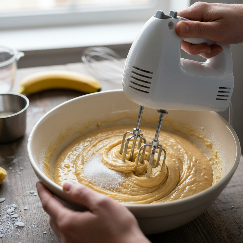 Mixing wet ingredients and mashed bananas for banana bread