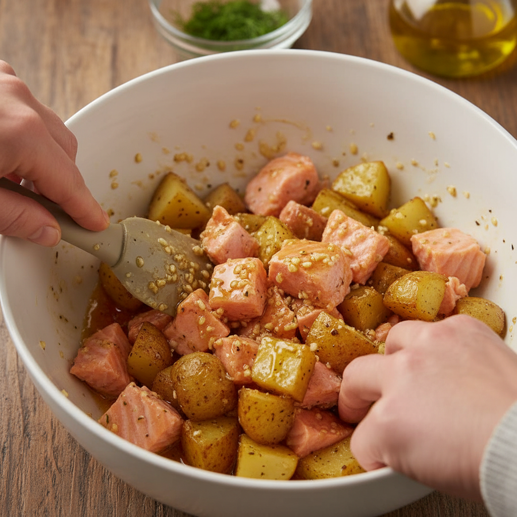 Mixing melted butter with garlic, honey and spices for salmon sauce