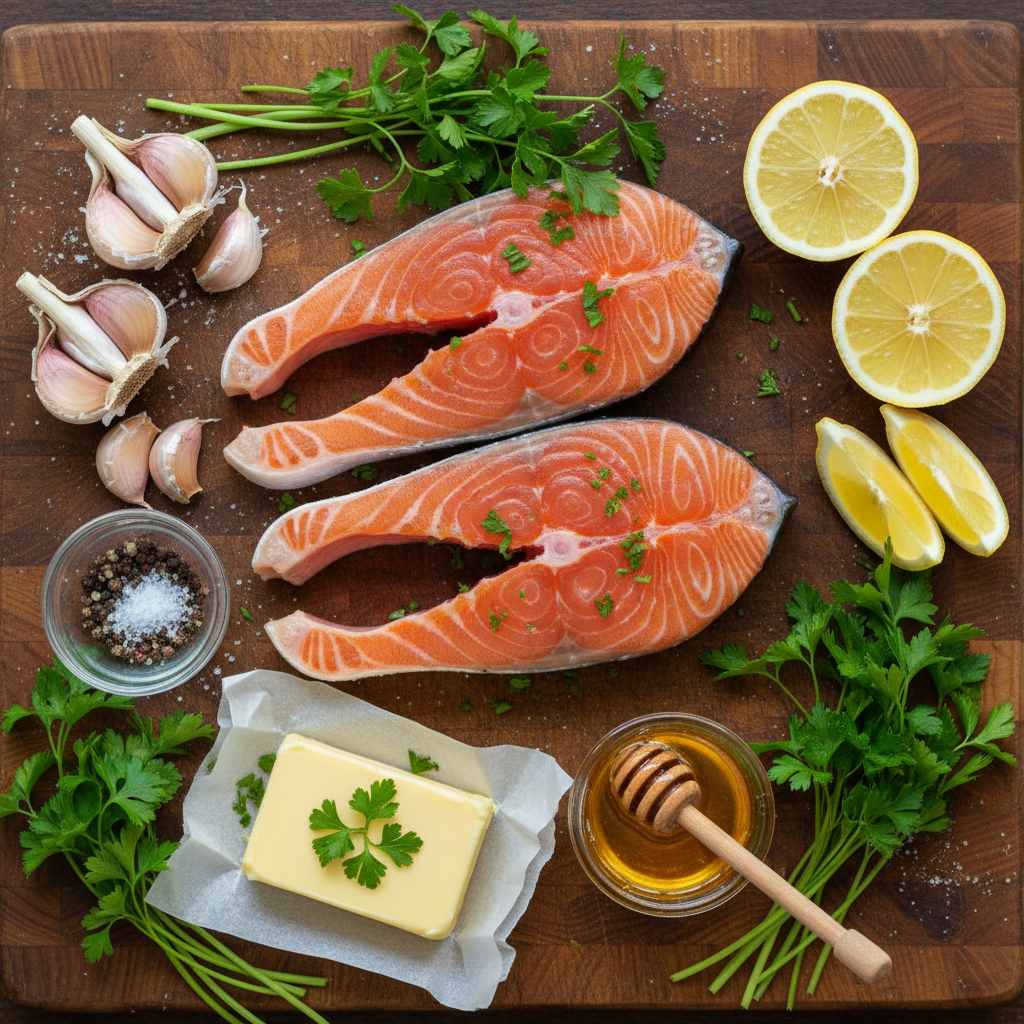 Ingredients for Honey Garlic Butter Baked Salmon on a wooden table