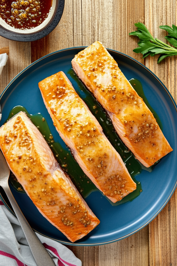Honey Garlic Butter Baked Salmon served with lemon and parsley