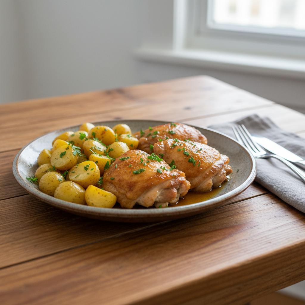Served honey garlic chicken with chili flakes and parsley on boiled rice