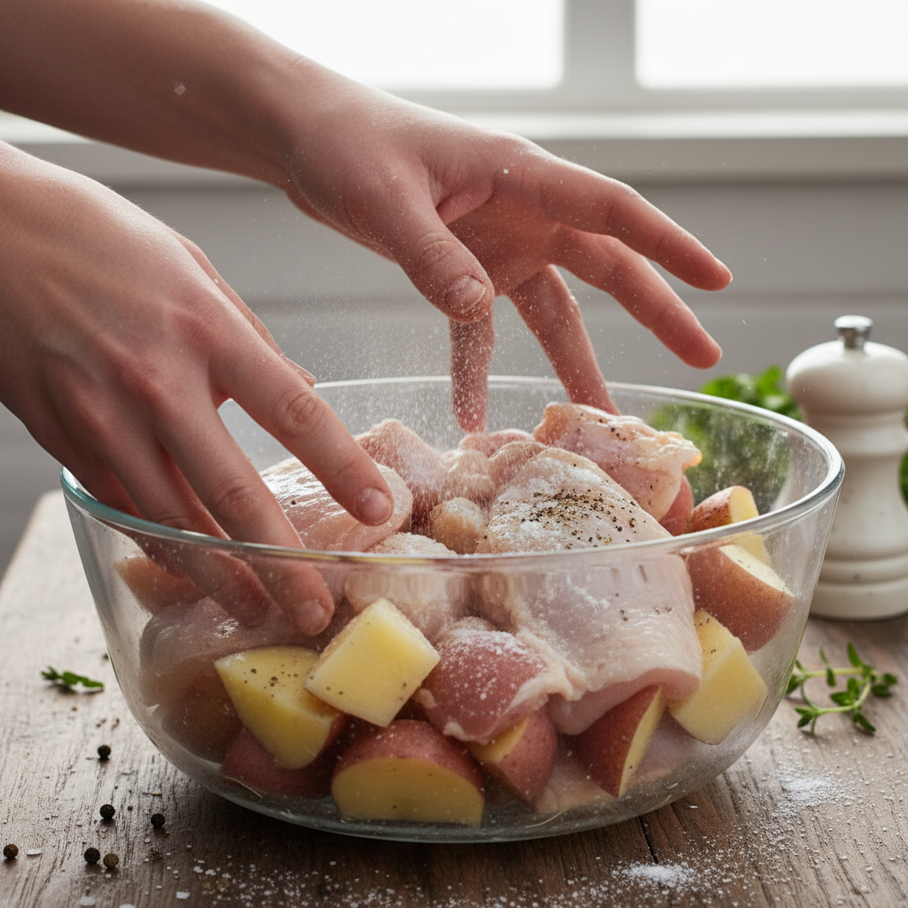 Chicken thighs coated with cornflour cooking in skillet