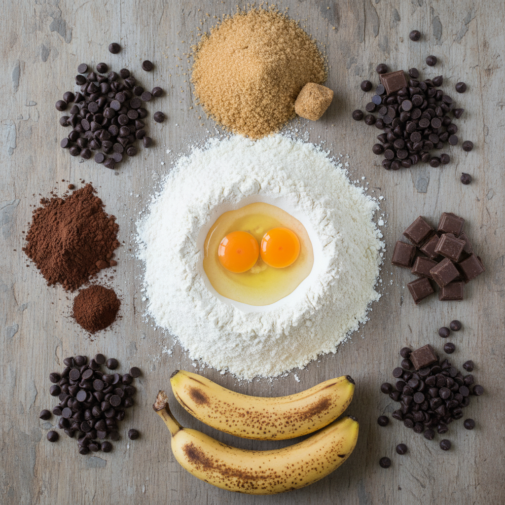 Dry and wet ingredients for Chocolate Espresso Banana Bread